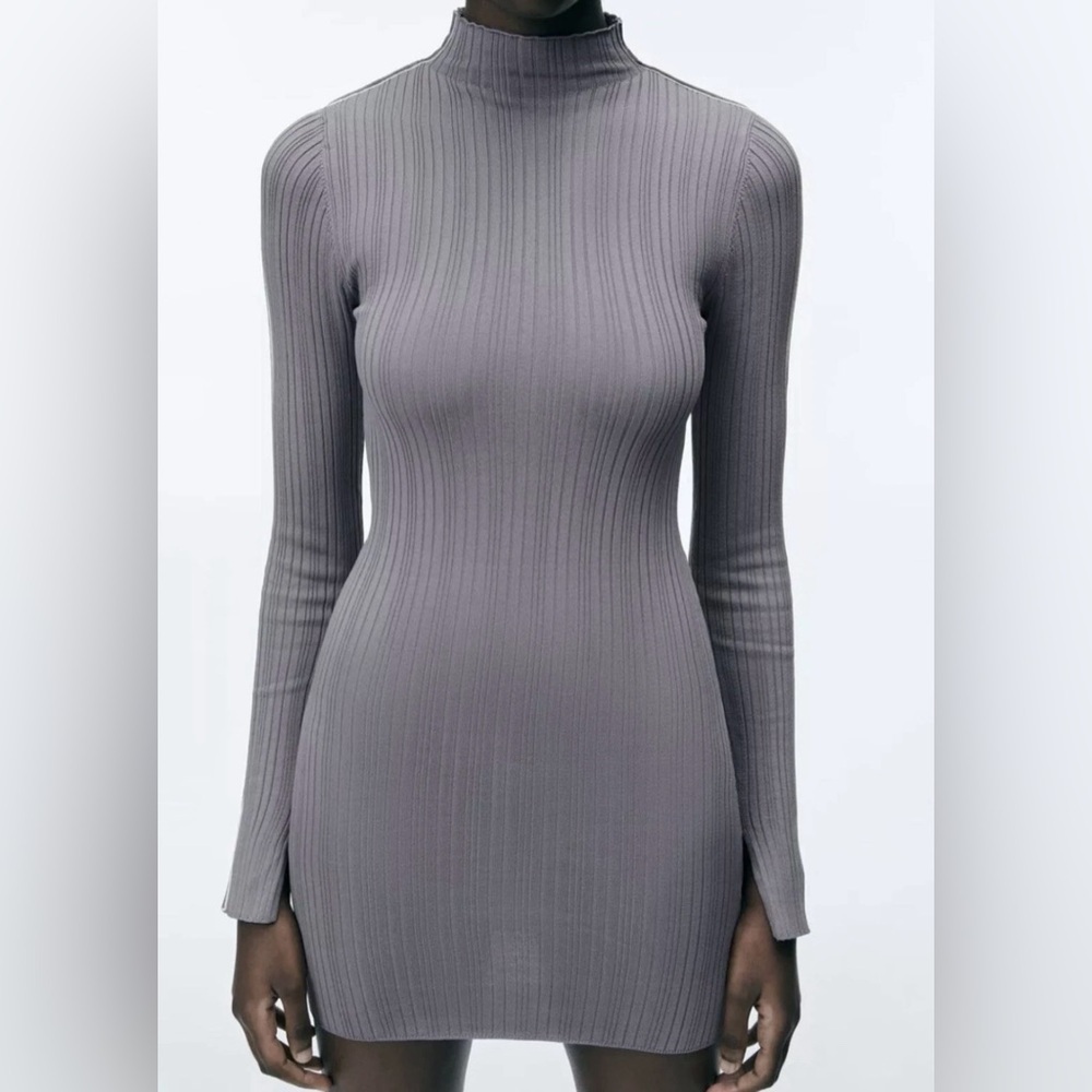 Zara Women's Long Sleeves Mini Dress Size M Gray Fitted Knit Stretch NWT $49.90 - Picture 2 of 16